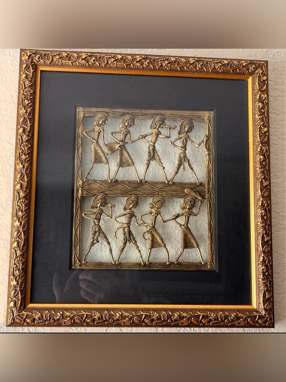 Vintage Dhokra Brass Tribal Wall Art Framed Indian Folk Dancing Figures 13”